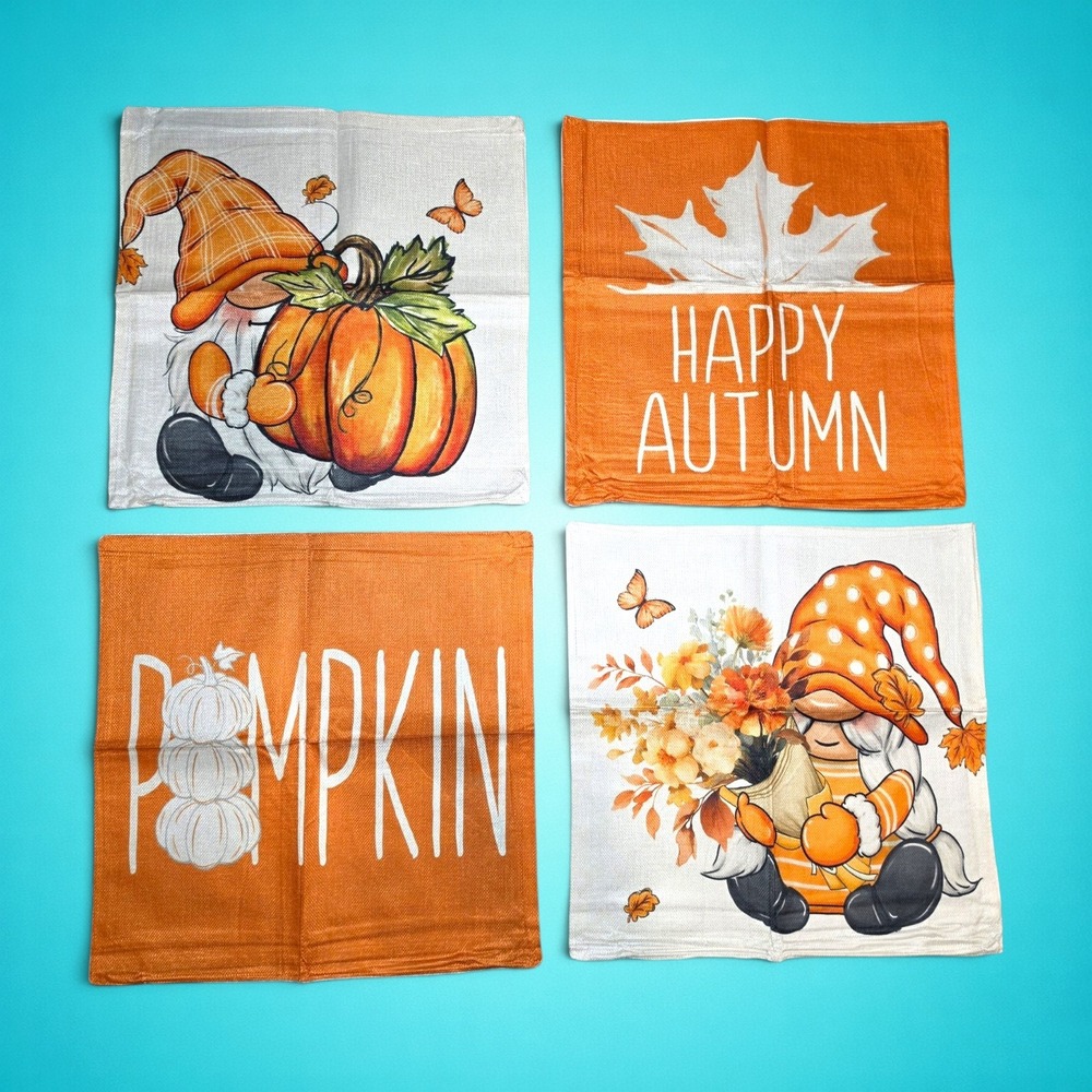 Set of 4 Fall Gnome Pumpkin Throw Pillow Covers 18x18 Autumn Decor New Sealed